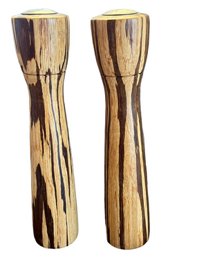 VTG Mid Century Tiger Wood Salt and Pepper Mill Set - 12" Tall